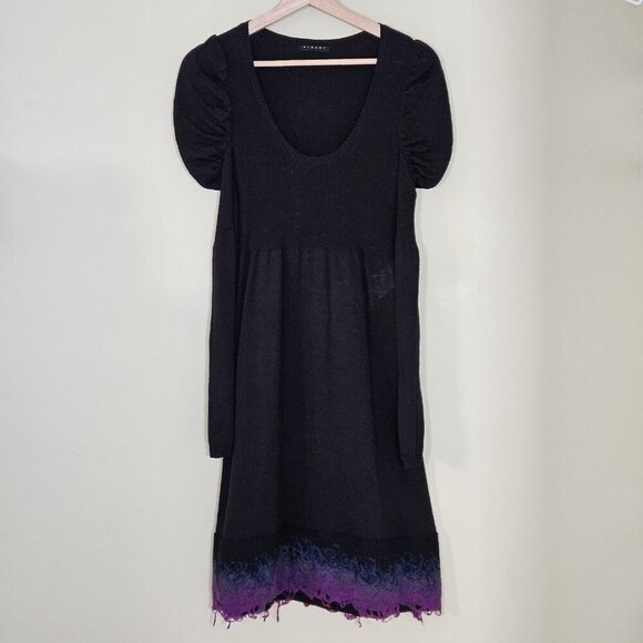 Sisley Sweater Dress Women S Black Long Puff Sleeves Boho Knit Alpaca Wool Blend - Picture 1 of 16